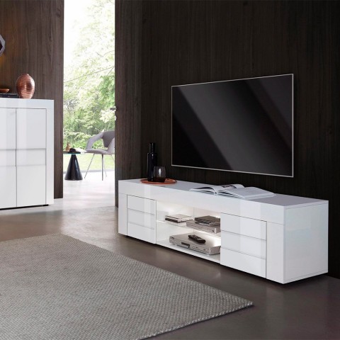 Mueble TV moderno blanco brillante 2 puertas 180cm Grande Easy Promoción