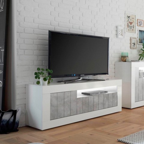 Mueble TV hormigón blanco alto brillo 3 puertas 138cm moderno Jaor BC Promoción