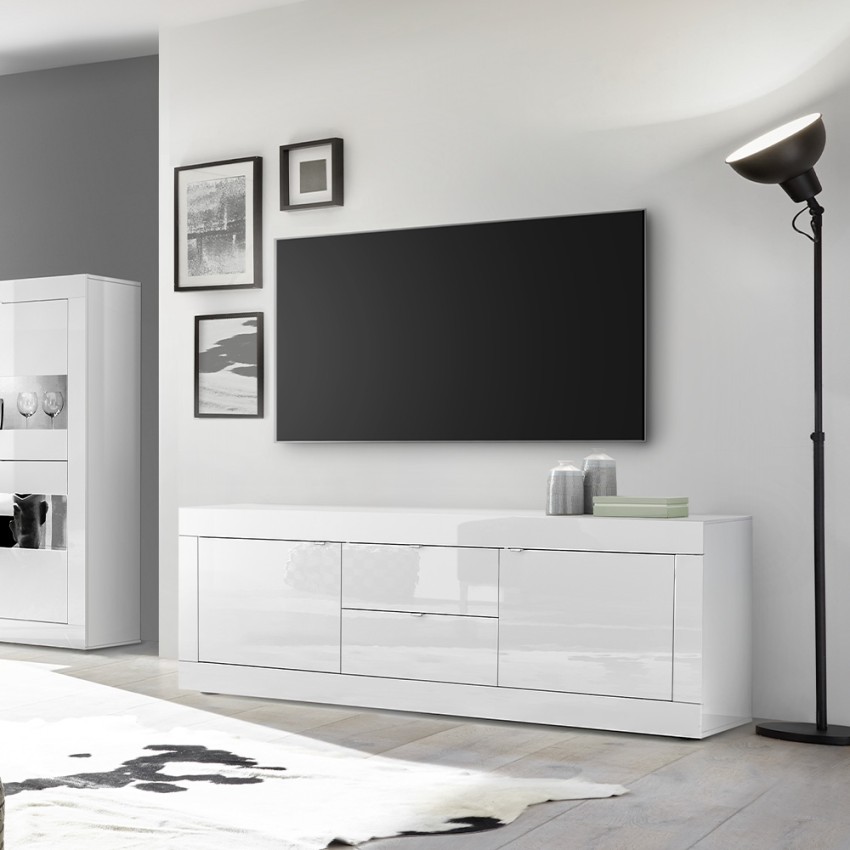 Mueble TV moderno grande Easy blanco brillo 2 puertas 180cm