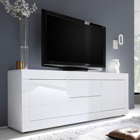 Mueble TV 2 puertas 2 cajones moderno 210cm blanco alto brillo Visio Wh Promoción