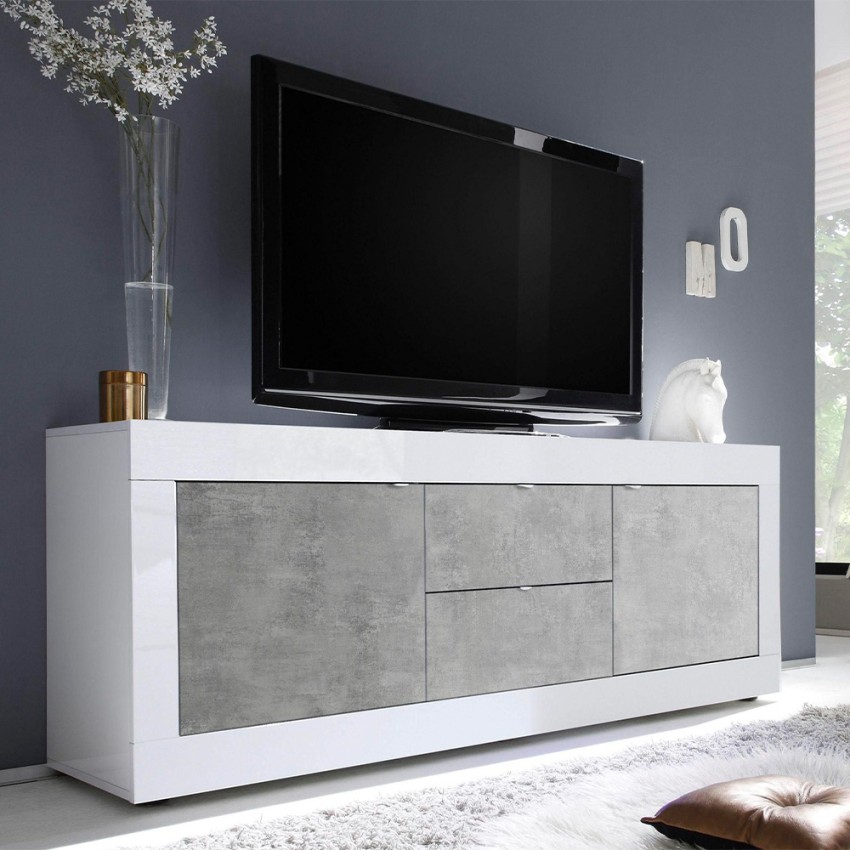 Mueble TV 210cm 2 puertas 2 cajones hormigón blanco brillante Visio BC Promoción