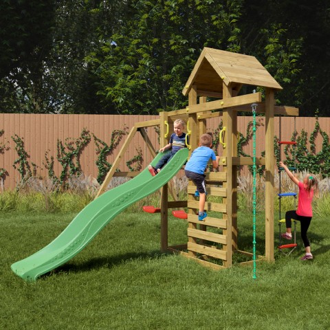Parque infantil para jardín con tobogán, escalada, casita y columpios Mixter Promoción