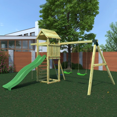Parque de juegos infantil para jardín con cuerda de escalada, tobogán y columpios Gaia Promoción
