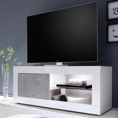 Móvil para TV moderno blanco brillo y gris cemento Diver BC Basic. Promoción