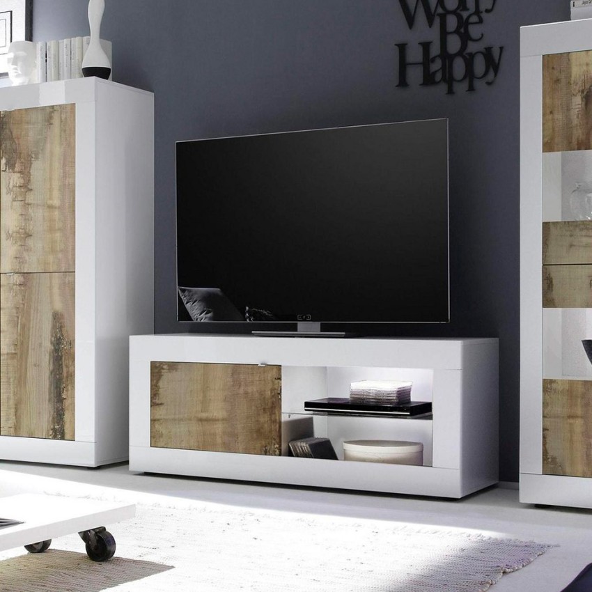 Fergus mueble de TV pared salón moderno 220 x 43 cm blanco brillante