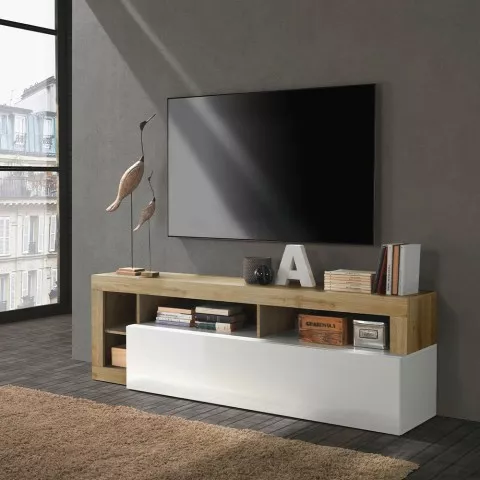 Mueble TV salón moderno 184cm blanco brillante roble Dorian BR Promoción