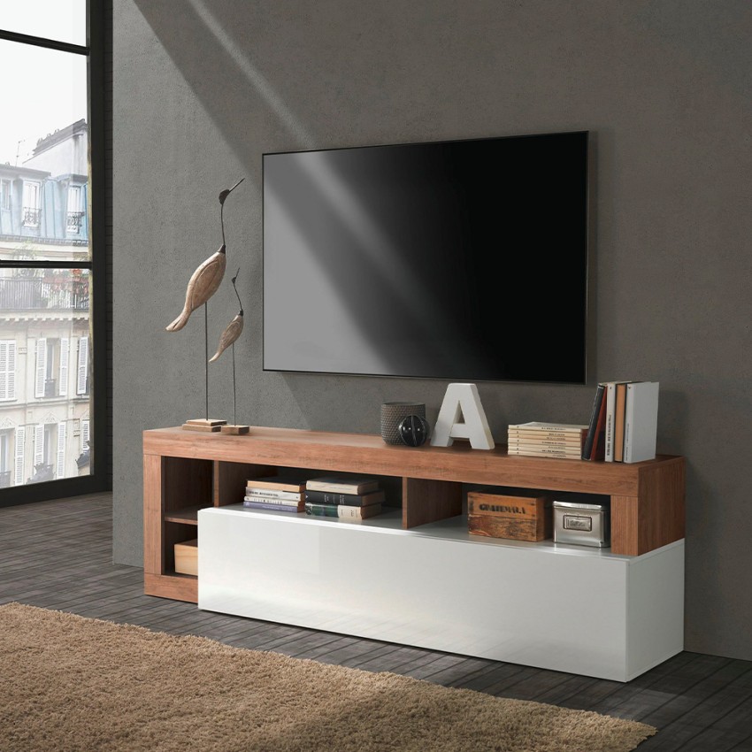 Mueble TV salón moderno madera puerta blanco brillante Dorian MR Promoción