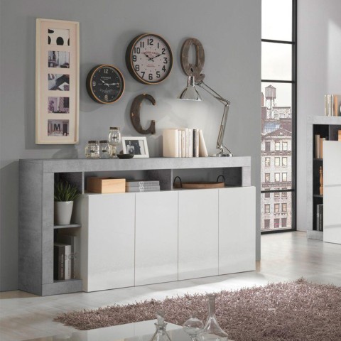 Aparador mueble salón 4 puertas blanco brillante gris cemento Cadiz BC Promoción