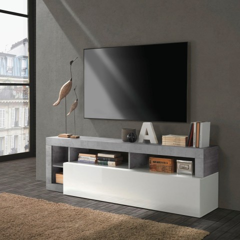 Mueble TV puerta blanco brillante gris cemento 184cm Dorian BC Promoción