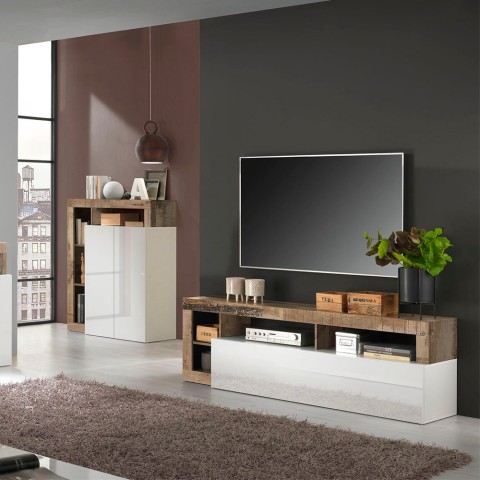 Móvil sala de estar con soporte para TV, de madera con puerta abatible blanca brillante Dorian BP Promoción
