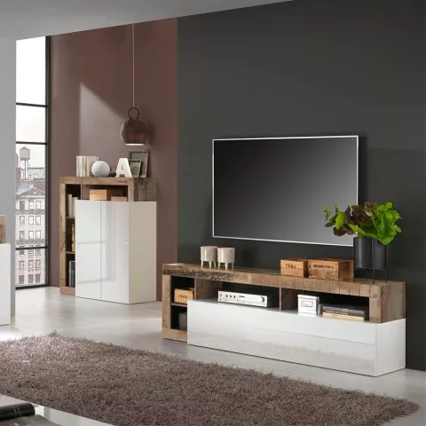 Mueble salón TV madera puerta abatible blanco brillante Dorian BP Promoción