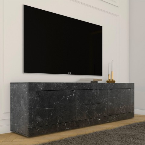 Mueble de televisión móvil moderno negro con efecto mármol, 2 puertas y 2 cajones Visio MB. Promoción