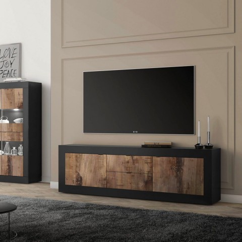Mueble para TV industrial 210cm 2 puertas 2 cajones madera negra Visio NP Promoción