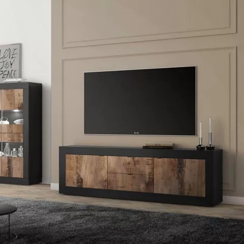 Mueble TV moderno negro y madera 4 compartimentos 3 puertas 200cm Corona  Low Cyt