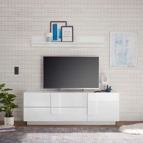 Mueble para TV de diseño blanco brillante con 1 puerta y 2 cajones modelo Jupiter WH T1. Promoción