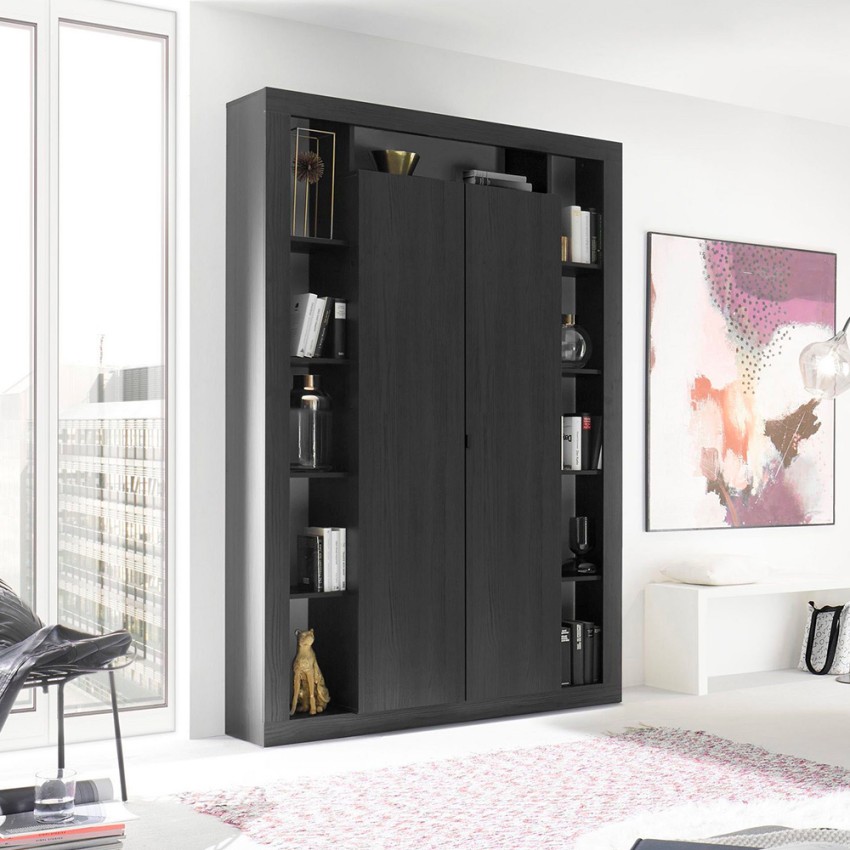 Librería de salón moderna de columna de madera negra con 2 puertas Albus NR Promoción