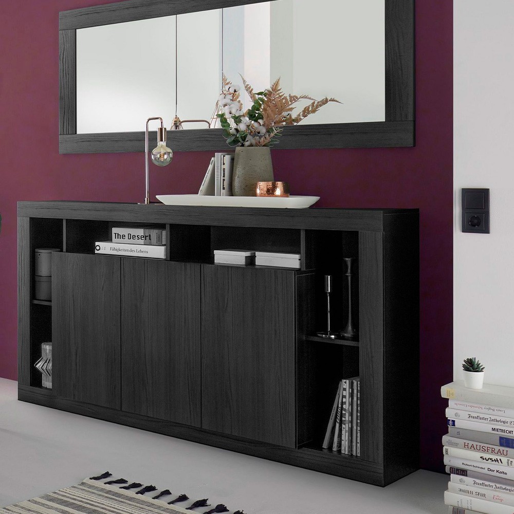 Aparador bufé moderno negro en madera con 3 puertas, 172cm Vivian NR.