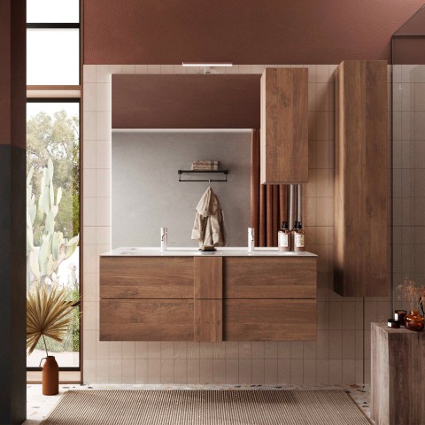 Mueble baño suspendido madera doble lavabo 2 cajones 122x47x53cm Duet S Promoción