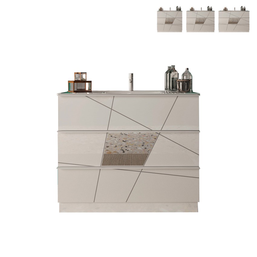 Mueble baño suelo blanco brillante 3 cajones y lavabo June Oferta Mueble baño suelo blanco brillante 3 cajones y lavabo June Oferta