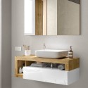 Mueble baño suspendido moderno con lavabo, cajón y madera blanca Kura BW. Rebajas