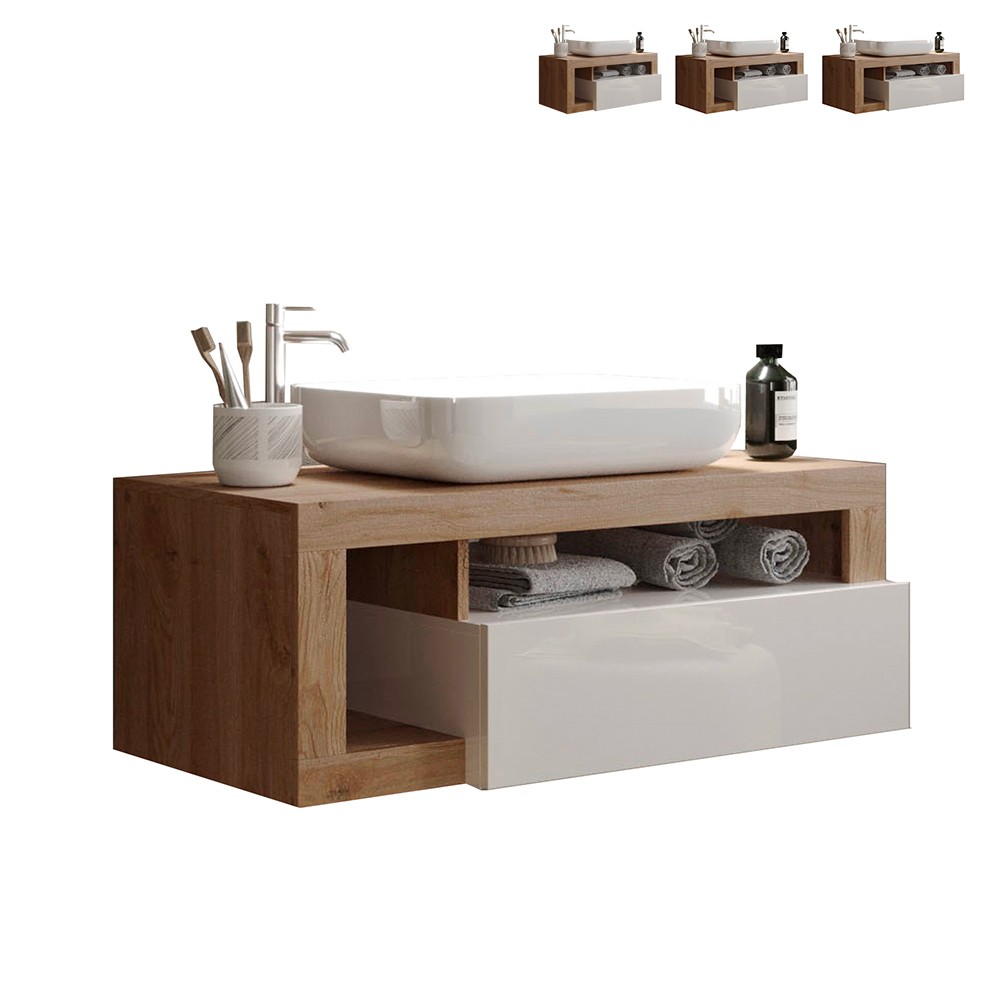 Mueble baño suspendido moderno con lavabo, cajón y madera blanca Kura BW.