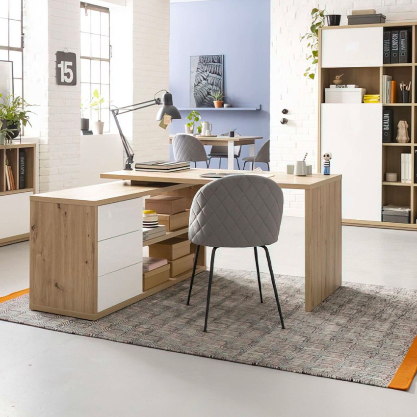 Lex escritorio de oficina esquinero de madera 3 cajones blanco lacado