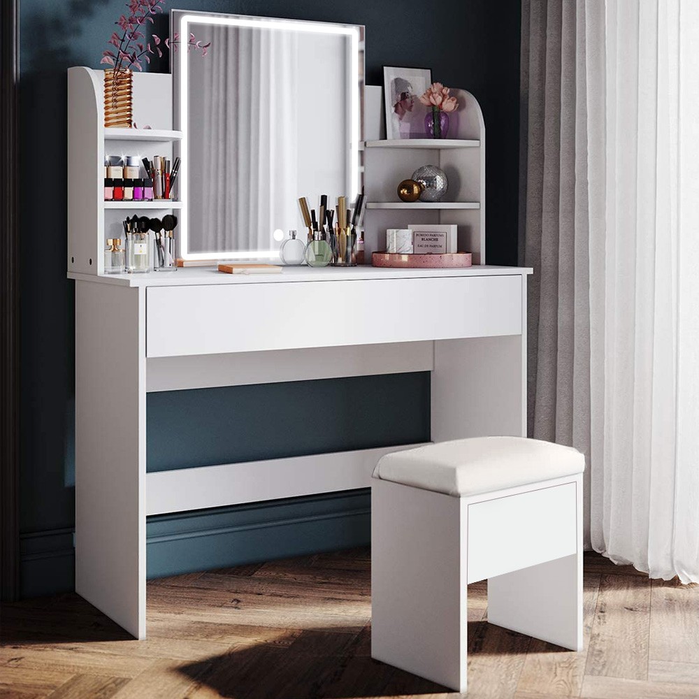 Tocador de maquillaje con luz LED espejo cajón taburete blanco Astrid