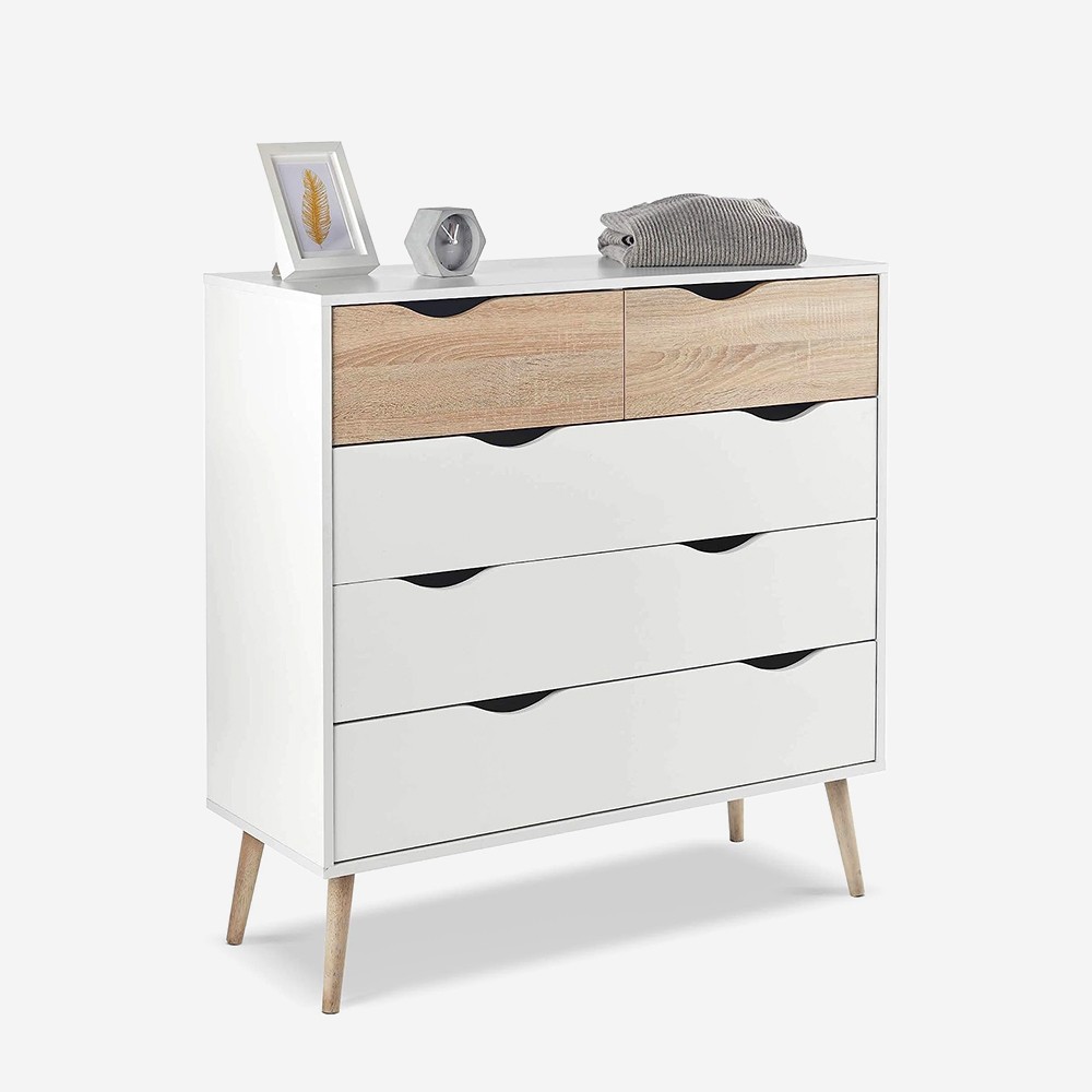 Cómoda moderna estilo escandinavo blanco roble 5 cajones Kiricap