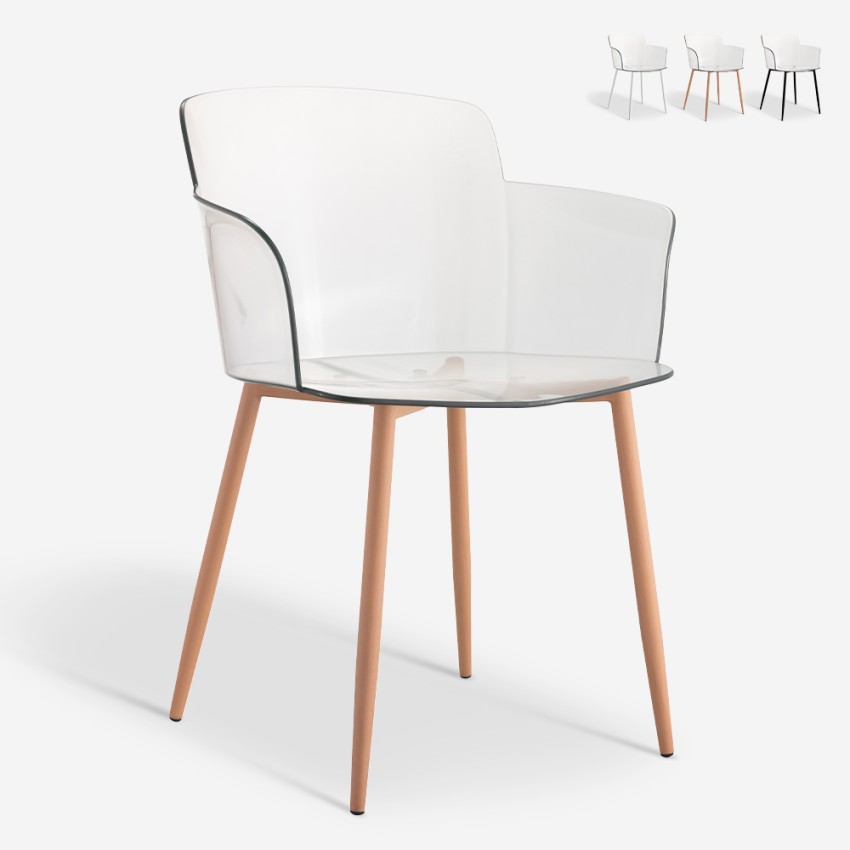 Silla de policarbonato transparente con reposabrazos y patas de madera Suntree Venta Silla de policarbonato transparente con reposabrazos y patas de madera Suntree Venta