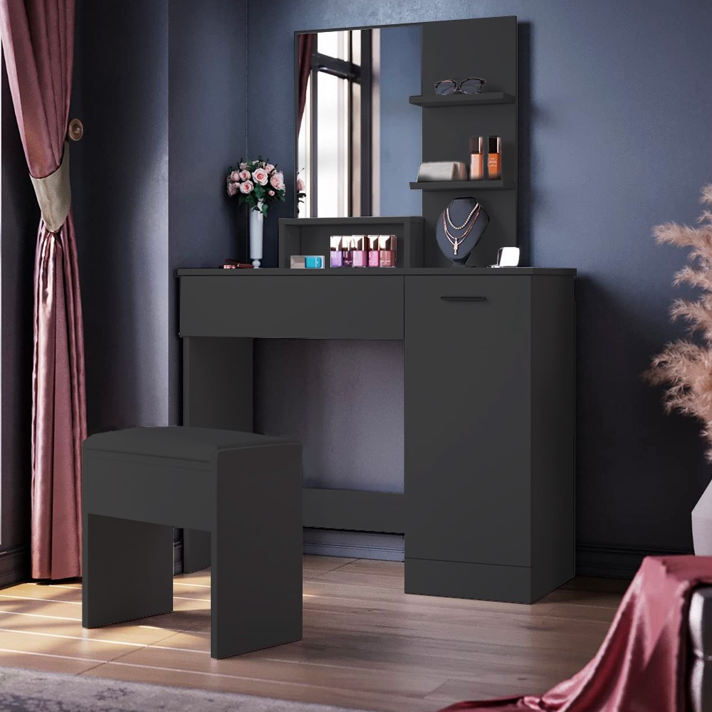 Tocador estación de maquillaje espejo cajón taburete negro Suzie Black