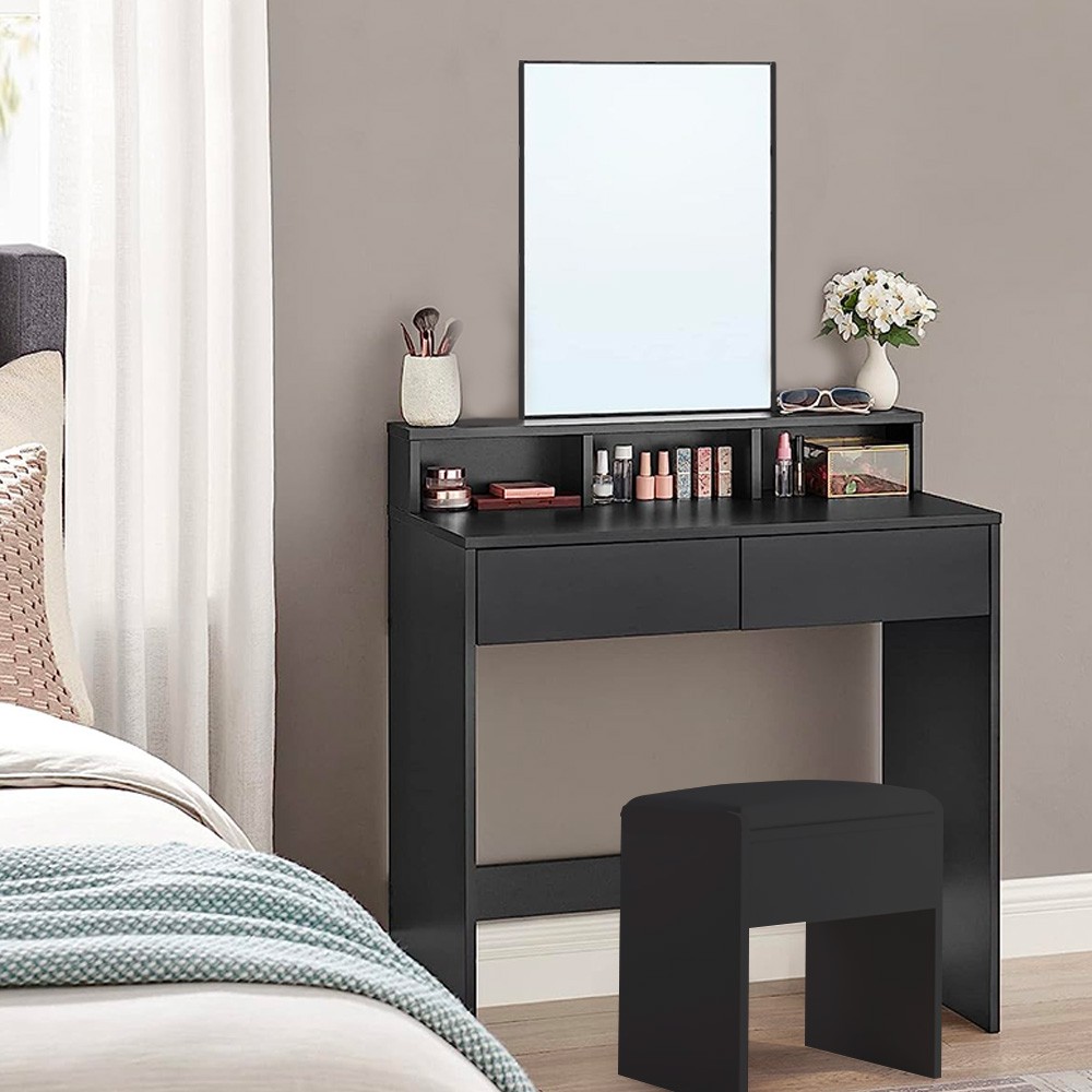 Tocador maquillaje negro moderno espejo taburete 2 cajones Lena Black