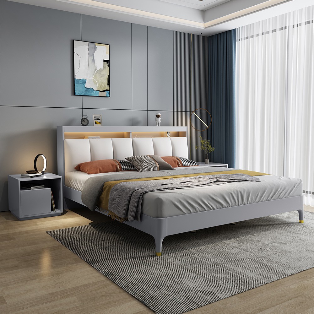 Cama Matrimonial Canapé 160 x 200 LED Moderna LED USB Courier