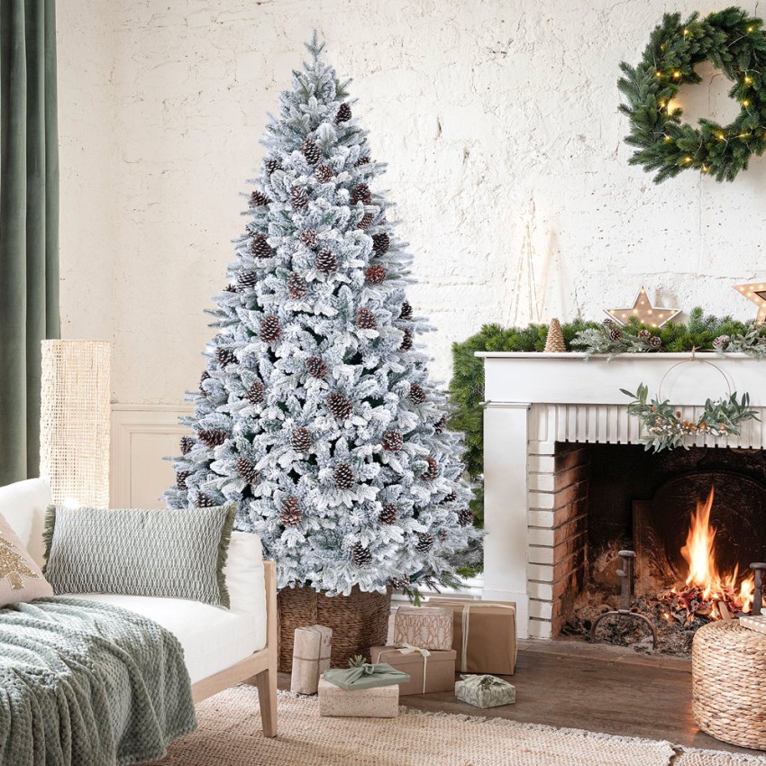 Árbol de Navidad artificial nevado decorado con piñas 180 cm Faaborg Promoción