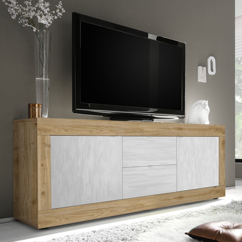 Mueble TV Visio Wh 2 puertas 2 cajones moderno 210cm blanco alto brillo