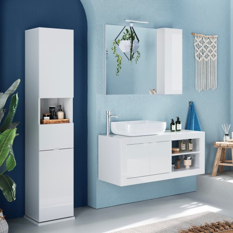 Mueble columna baño giratorio blanco con puerta espejo cajón Tilda Promoción