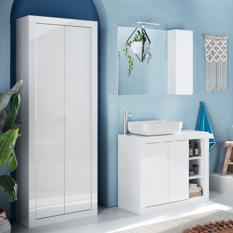 Armario de 2 puertas mueble baño multiusos blanco brillante 70x35x188cm Jude Promoción