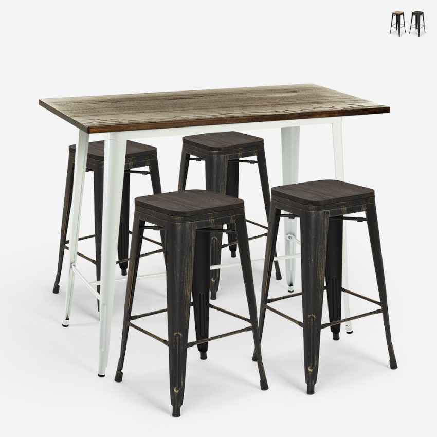 mesa alta de bar blanca 120x60 4 taburetes industrial navarro Venta mesa alta de bar blanca 120x60 4 taburetes industrial navarro Venta