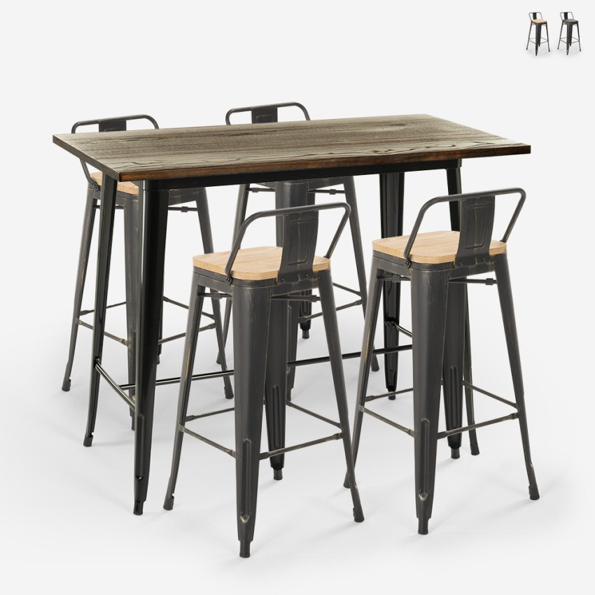 conjunto de 4 taburetes de bar respaldo mesa alta cocina negro 120x60 wahoo Venta