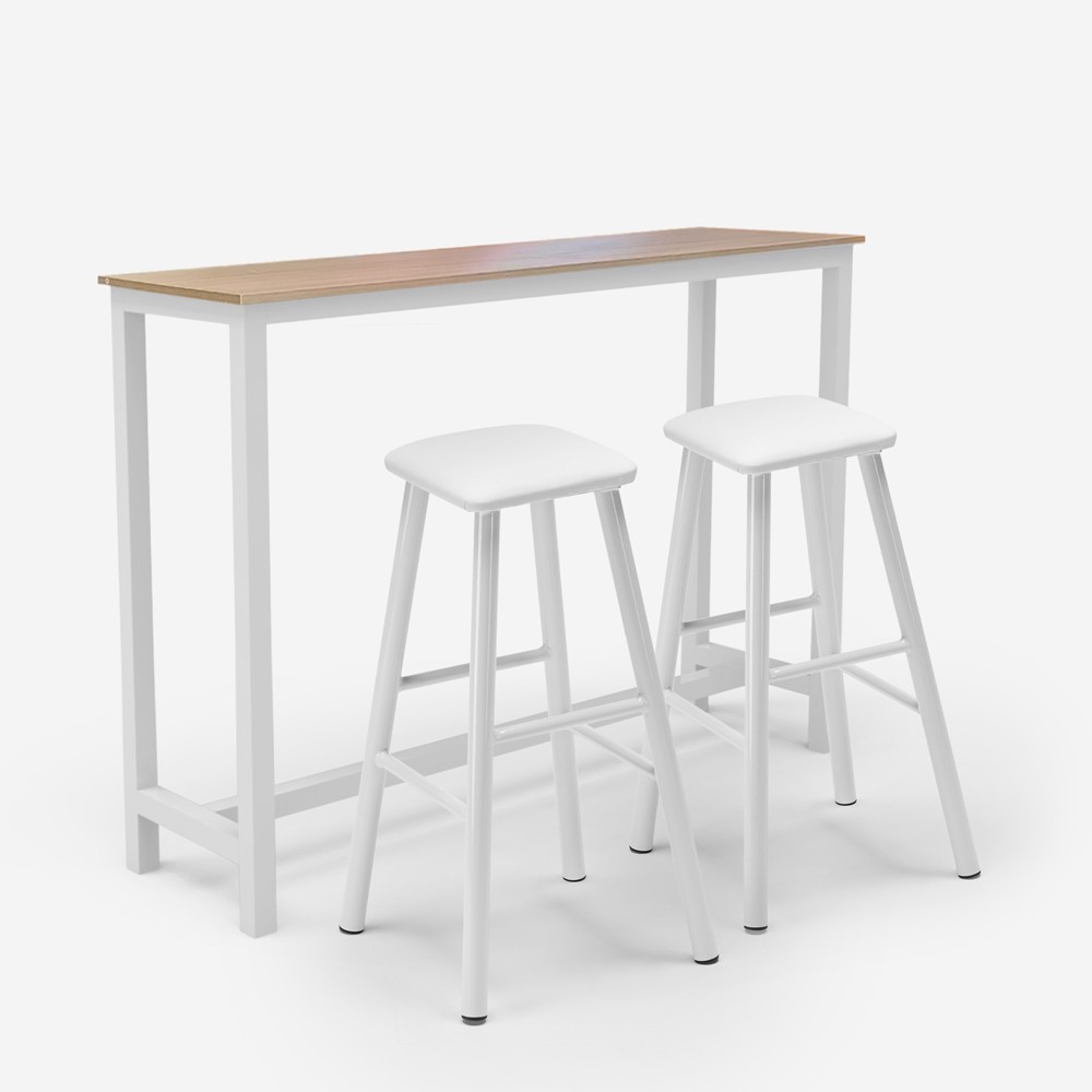 Conjunto 2 taburetes de bar tapizados en blanco y mesa alta madera metal Quincy