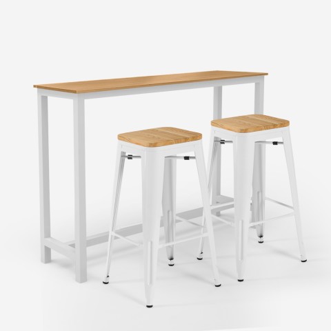 Conjunto mesa alta industrial 2 taburetes de bar tolix madera blanca Trenton Promoción