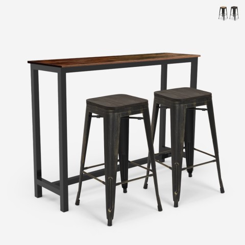 conjunto mesa de cocina alta industrial 140x40 2 taburetes de bar oakwood Promoción