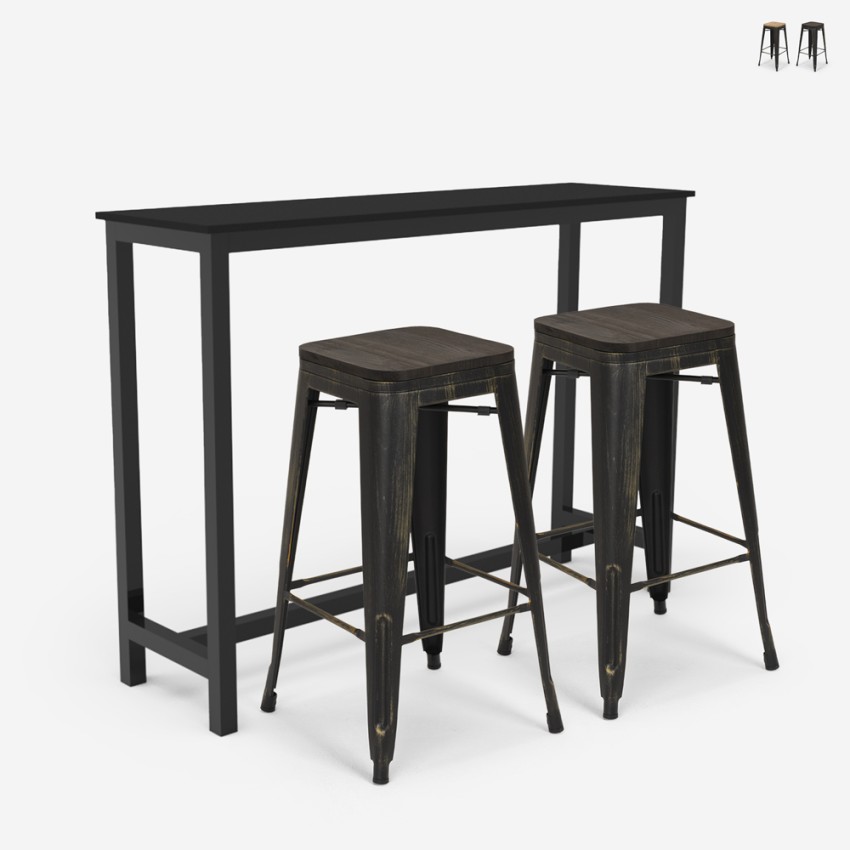 conjunto de mesa alta de cocina 2 taburetes de barra madera metal negro seymour Venta