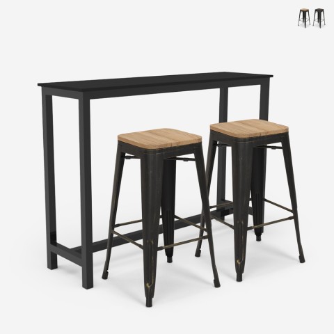 conjunto de mesa alta de cocina 2 taburetes de barra madera metal negro seymour Promoción
