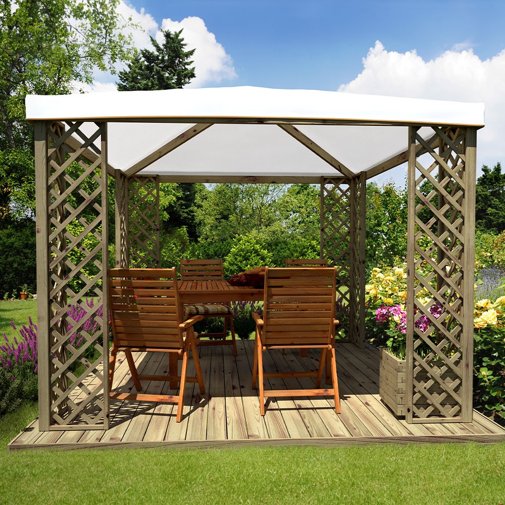 Gazebo de madera para jardín 3x3m lona PVC blanco protección UV Fox JT40 Pocket