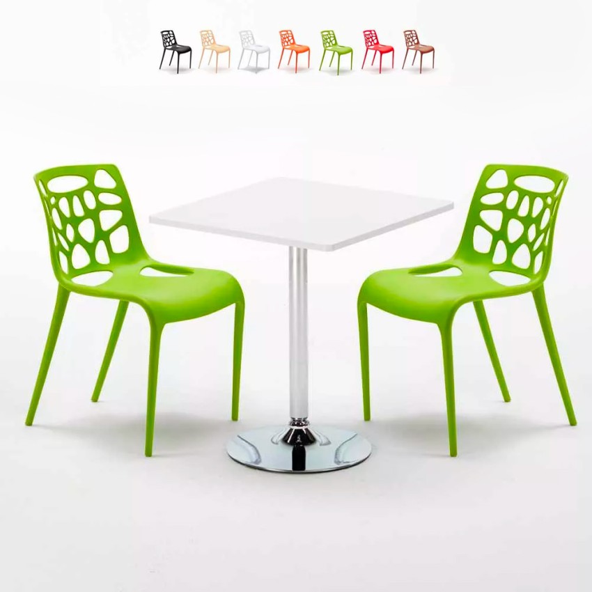 Mesa Cuadrada Blanca Con 2 Sillas De Colores Interior Bar Gelateria Cocktail Oferta