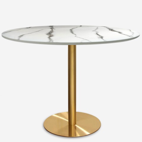 Mesa de comedor redonda estilo Tulipán 120 cm efecto mármol dorado Monika+ Promoción
