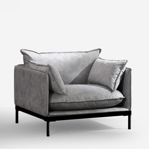 Sillón moderno de sala, tapizado con cojines de tela gris Mainz Promoción