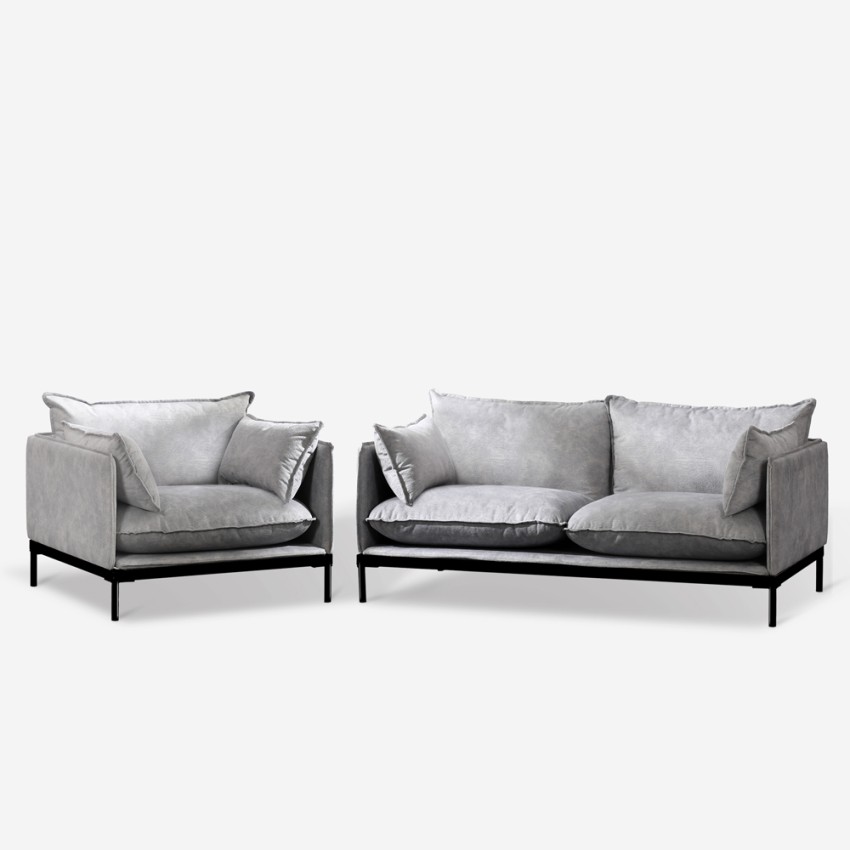 Conjunto de sofá de 2 plazas y sillón en tela gris estilo moderno Hannover Promoción