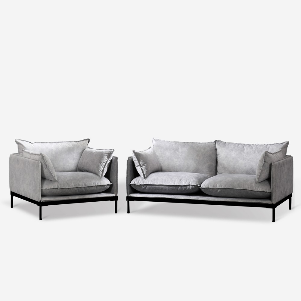 Conjunto de sofá de 2 plazas y sillón en tela gris estilo moderno Hannover