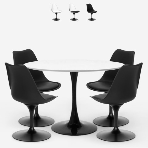Juego de mesa redonda de 120 cm con 4 sillas Tulipán de policarbonato blanco negro Crayon+ Promoción